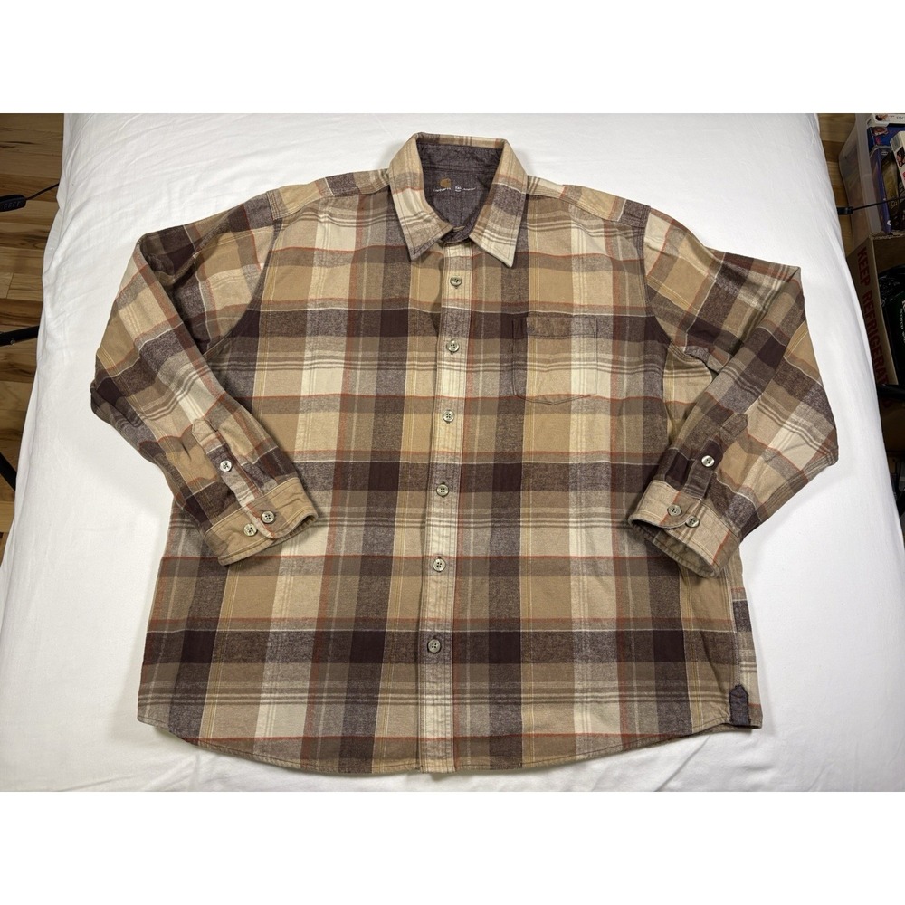 Carhartt Hubbard Flannel Shirt Mens 2XL Dark Khaki Plaid Long Sleeve 100087 F12